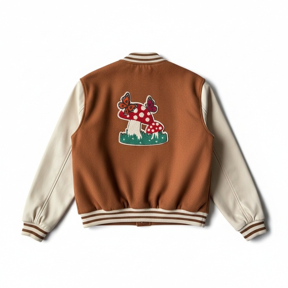 Ashley Outerwear Varsity Bomber Jacket Mushroom Butterfly Patch Tan Large Grunge